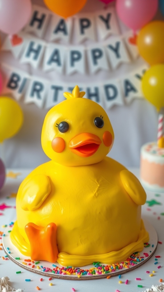 A cheerful duck-themed birthday cake with yellow fondant, orange accents, and colorful sprinkles on a festive table.